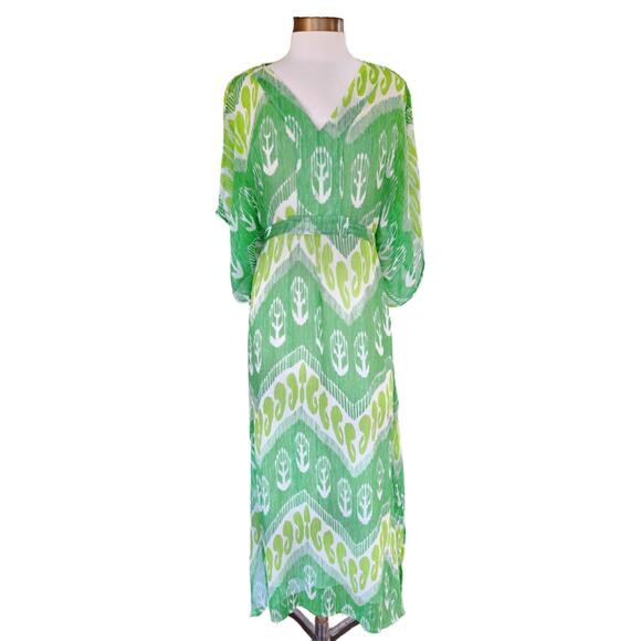J. McLaughlin Libre Silk Caftan Maxi Dress Size M/L Resort Green Flowy Boho Chic - Picture 2 of 11